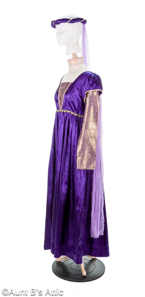 Vestido de doncella renacentista 2 piezas púrpura satinado y dorado brocado vestido y tocado Foto 4 de 4