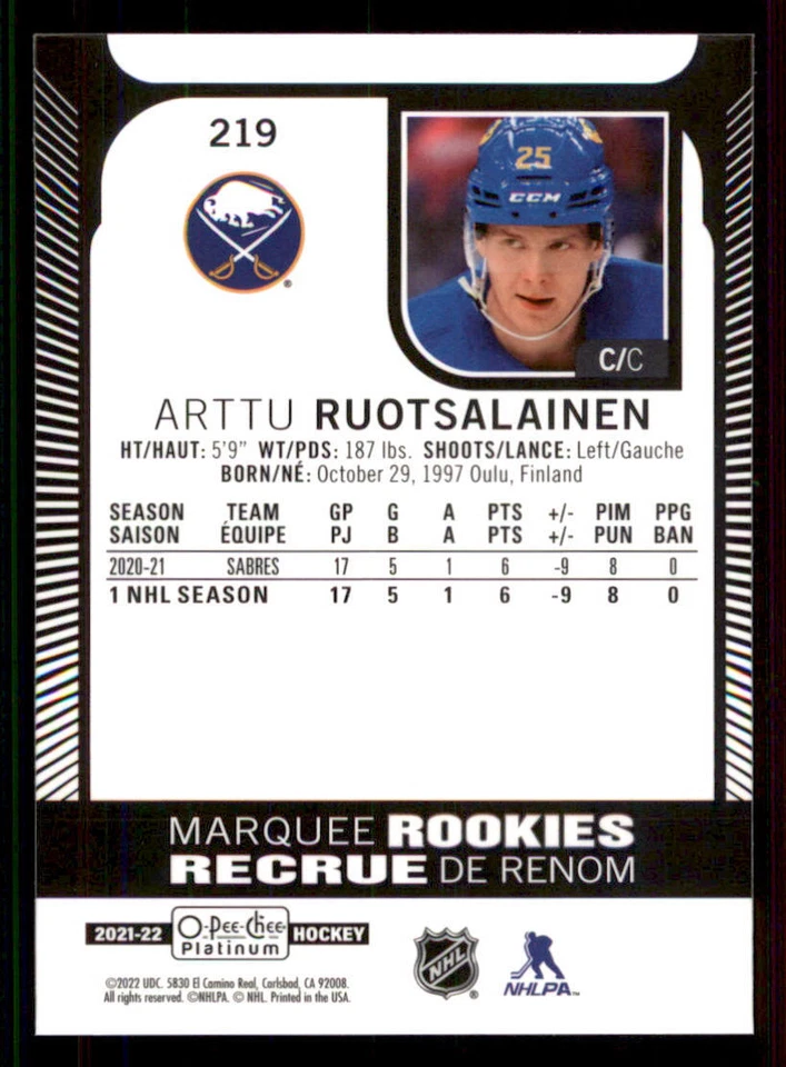 2021-22 O-Pee-Chee Platinum #219 Arttu Ruotsalainen RC - Image 2 of 2