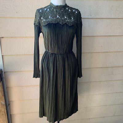 Vintage Retro Lace Pleats Velvet Dress Long Sleeve Knee Length