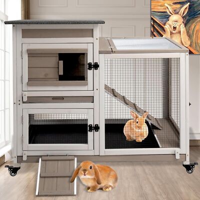 Petscosset Rabbit Hutch Indoor Large 2 Story Outdoor Wooden Bunny Hutch with Run