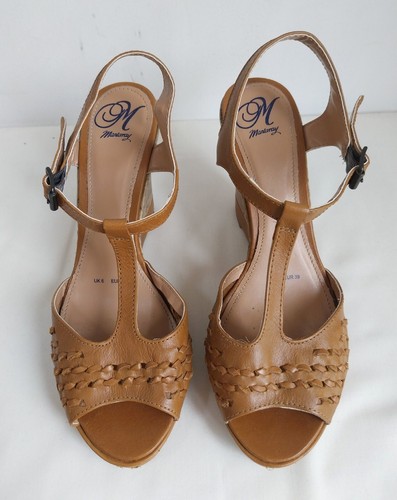 Mantaray Womens Tan Leather Strap T-Bar Wedge Sandals Peep toe Shoes Size 6/39 - Picture 8 of 12