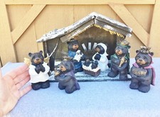 Slifka Bear Nativity Resin Set 7 Piece w/ Wood Manger Creche 12"x10" tall READ