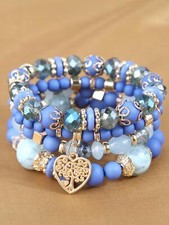 4pcs/set Matte Blue Heart Charm Beaded Bracelet Women Bracelet Stackable
