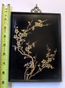Antique ASIAN Black LACQUER ENAMEL Painting GOLD CHERRY BLOSSOM Artist Signed
