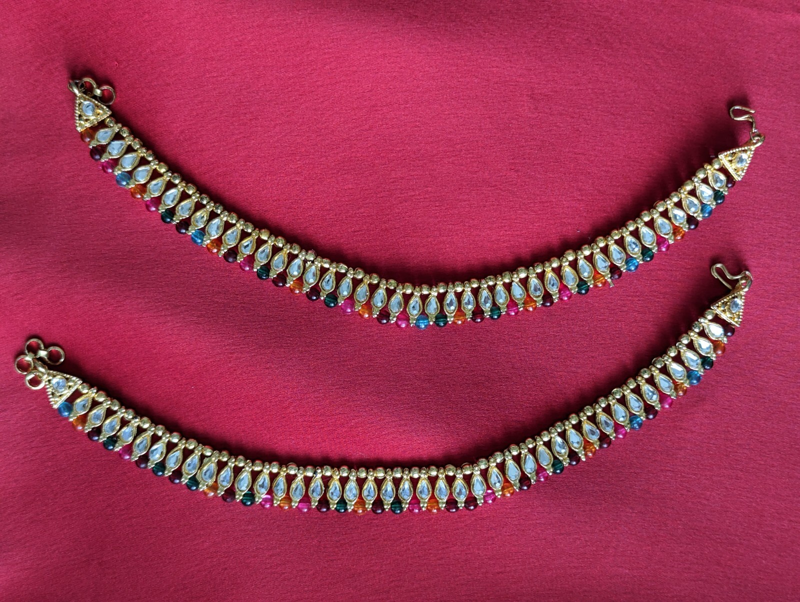 Anklet pair for women in gold with multi color beads-image