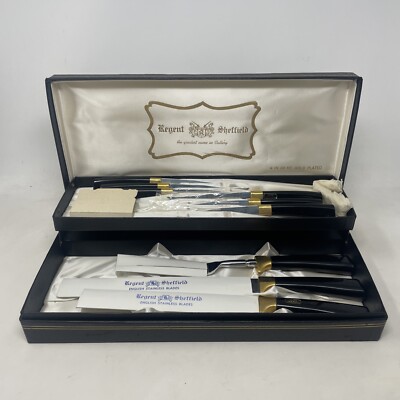 VTG 24KT GOLD PLATED REGENT SHEFFIELD & CUTLERY KNIFE CARVING & STEAK KNIFE SET