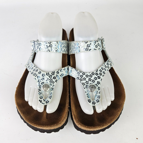 Birkenstock Papillio ROM Gizeh Seafoam Green Metallic Flowers Sandal Size: 38/7