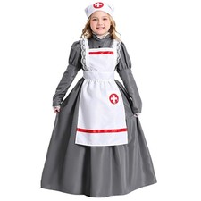 Kids Girls Halloween Event Nurse Maid Costume Puffed Sleeve Dress Up Theme Play