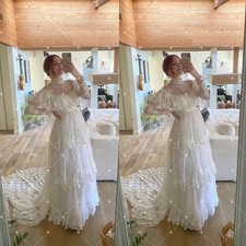 Wedding Dresses Long Sleeve High Neck Ruffled Tiered Lace Appkique Bridal Gowns