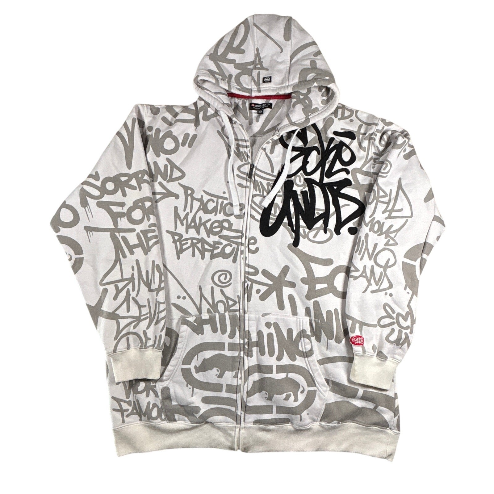 Y2K Ecko Unltd Graffiti Hoodie 2X White AOP Rhino 2000s Zip Vintage Streetwear