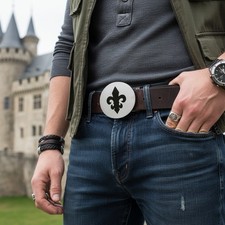 New Women Men Belt Buckle Black Fleur De Lis Iris French Flower Silver Metal
