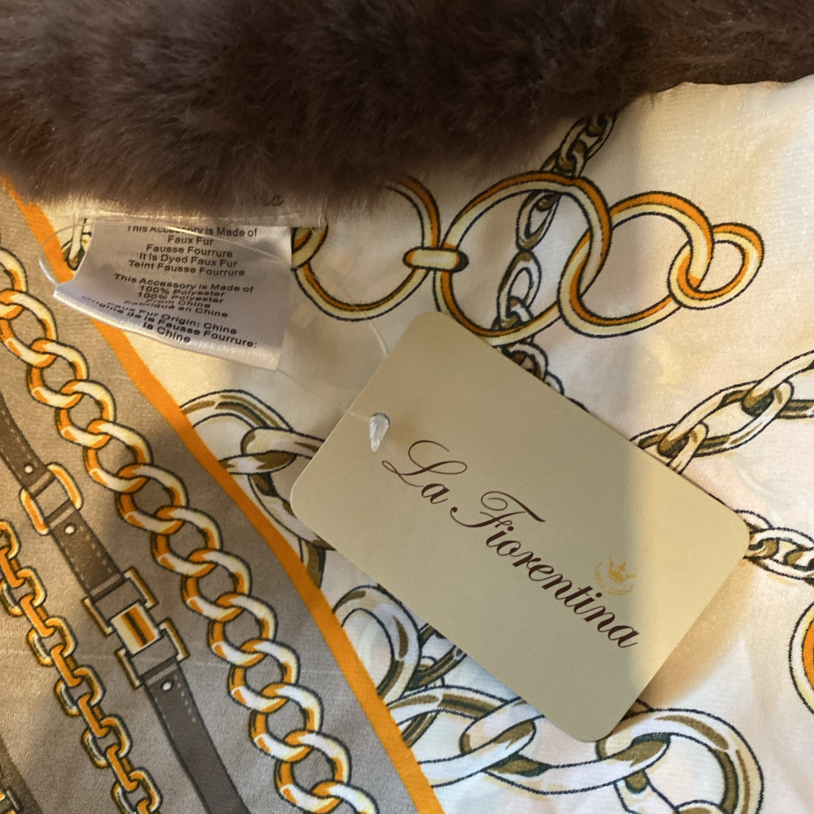 La Fiorentina Belts & Chain Print Wrap with Rex Fur Trim Elegant Mature Classic