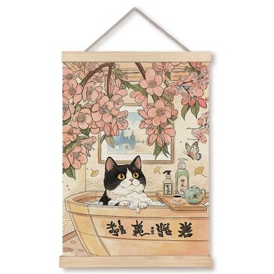 Funny Japanese Tuxedo Cat Bathroom Poster Wall Art Framed, Whimsical Pink Che...