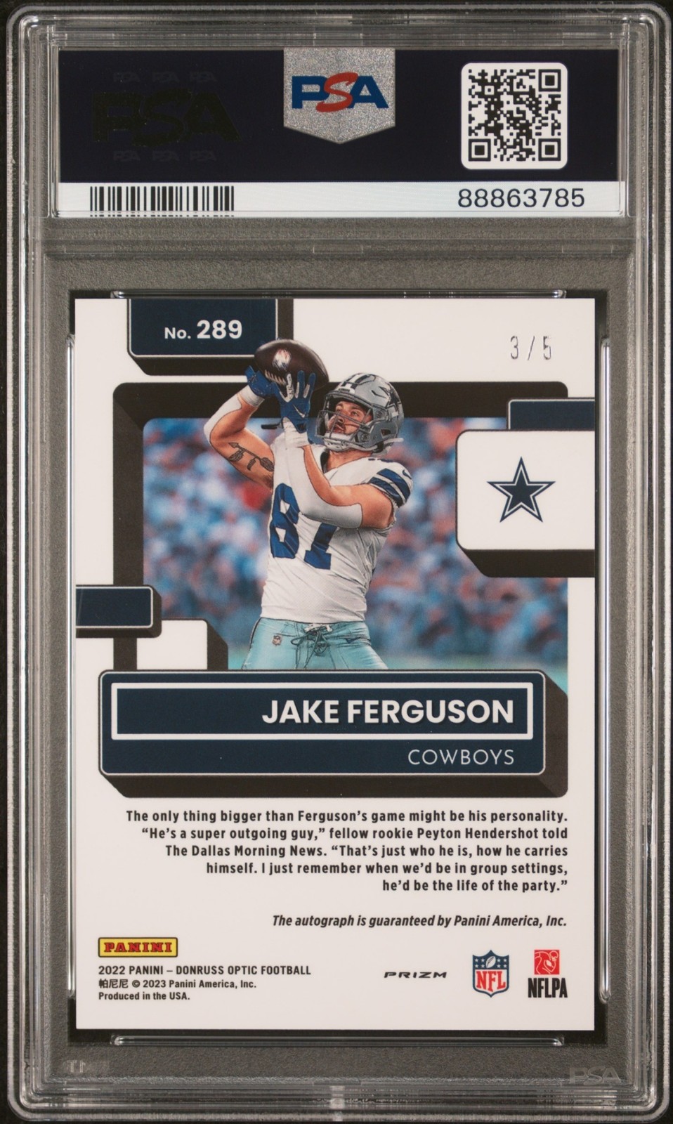 JAKE FERGUSON PSA 9 2022 PANINI DONRUSS OPTIC 289 RATED ROOKIE AUTO GREEN RC 3/5 view 2