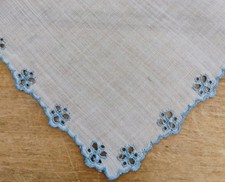 Vgt Blue Embroidery Open Work Hem White Batiste Hankie Handkerchief