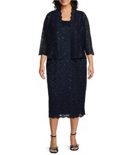 Alex Evenings Sequin Lace 2-Piece Jacket Dress Set Petite 10P Navy Blue Formal
