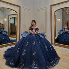 Navy Blue Quinceanera Dresses Court Train Lace Appliques Sweet 15 16 Prom Gowns