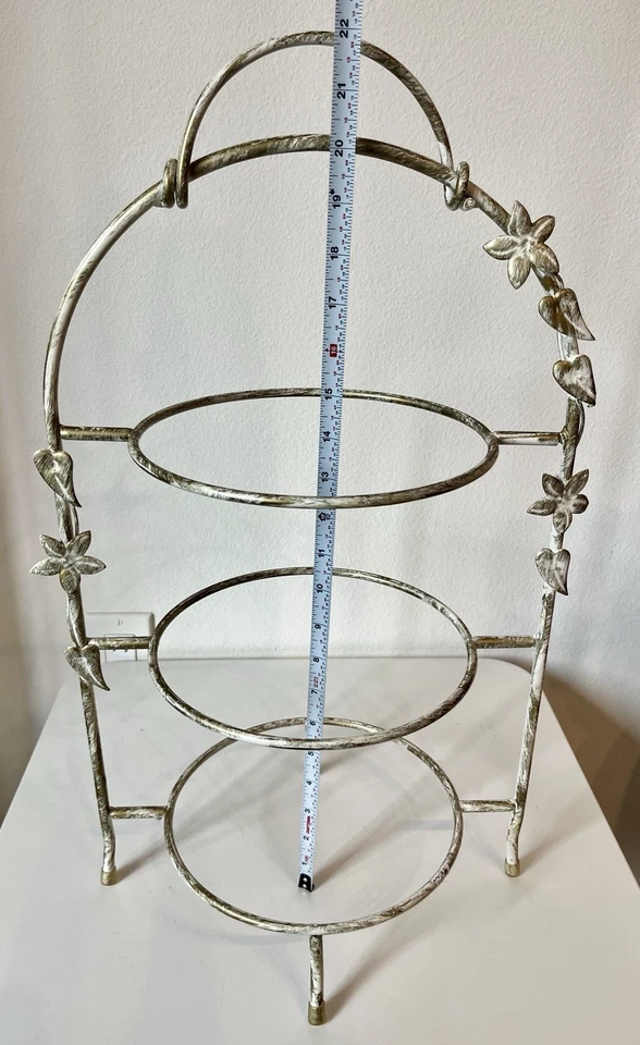 Metal 3-Tier Plate Serving Stand Flower & Leaf Design Gold/White Antique Look - Image 3 of 4