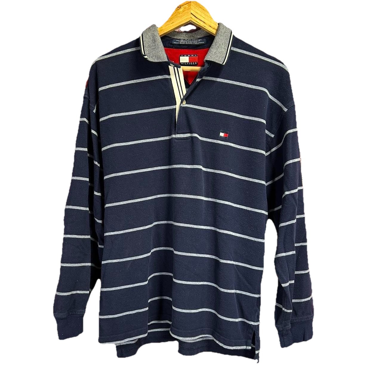 90s Tommy Hilfiger Blue Long Sleeve Polo Mens Size XL