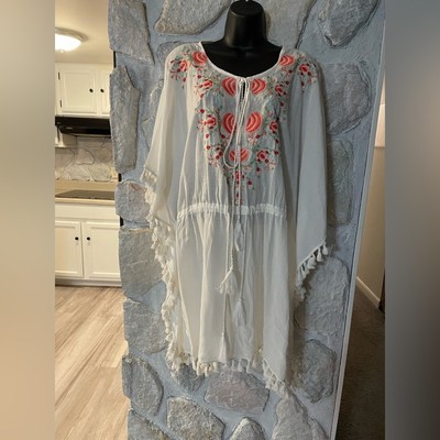 Guadalupe White Floral Pattern Bathing Suit Cover-Up With Tassels- Size O/S