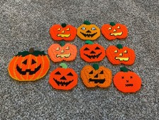 Vintage Halloween PUMPKINS 10 Completed Hanging Plastic Canvas