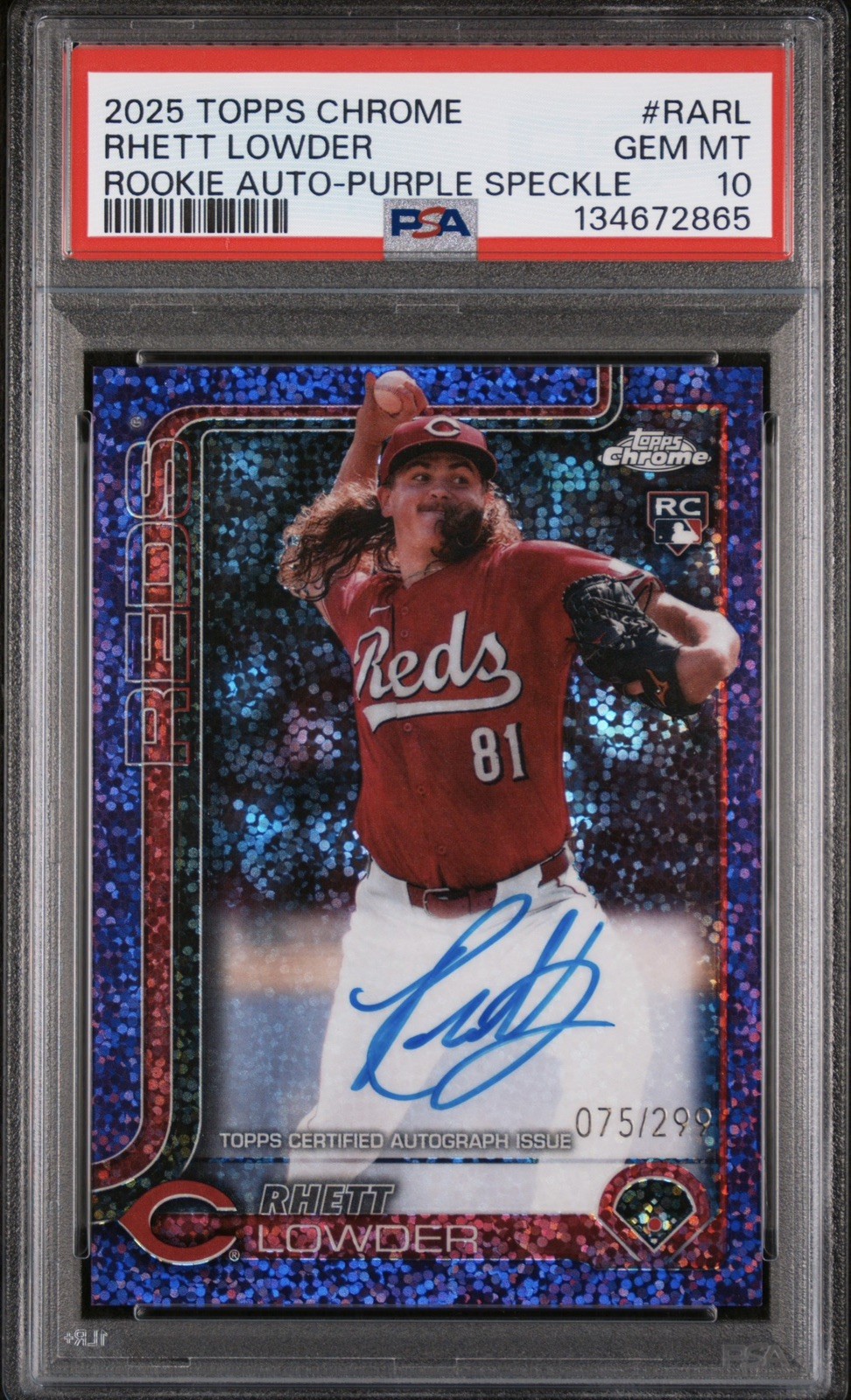 2025 TOPPS CHROME RHETT LOWDER /299 ROOKIE AUTO-PURPLE SPECKLE PSA 10
