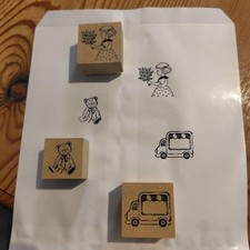 Wooden Stamp Set - Girl, Bear, Food Truck - Wooden Stamp - Girl, Bouquet, Bear