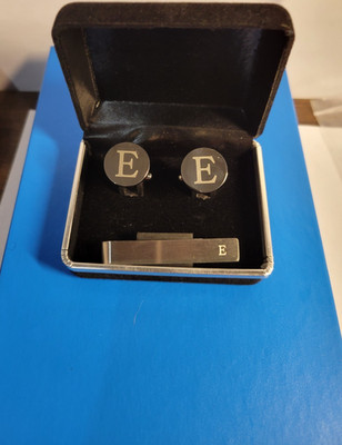 Tie Clip and Cuff Links Letter E Chrome Shiny Mirror Like Finish