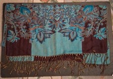 Pashmina Silk Blend Paisley Scarf Blue Fringe Wrap Shawl Boho Luxury