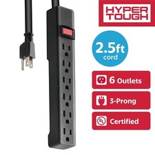 6-Outlet Surge Protector Power Strip with 2.5 ft Cord, Flat Plug, ETL Listed,