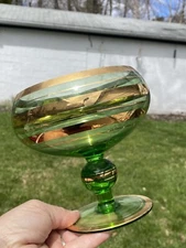 Bohemian Glass Compote Green w/Gold Made Romania MCM Mid-Century