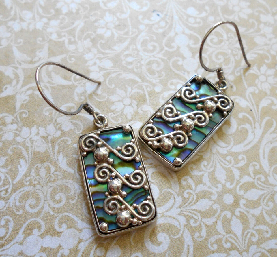 Sajen Sterling Silver Scroll Overlay Abalone Dangle Earrings  39KK - Image 4 of 4