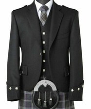 Men Scottish Argyle Jacket With Vest Black Serge Wool Wedding Argyle Kilt Jacket