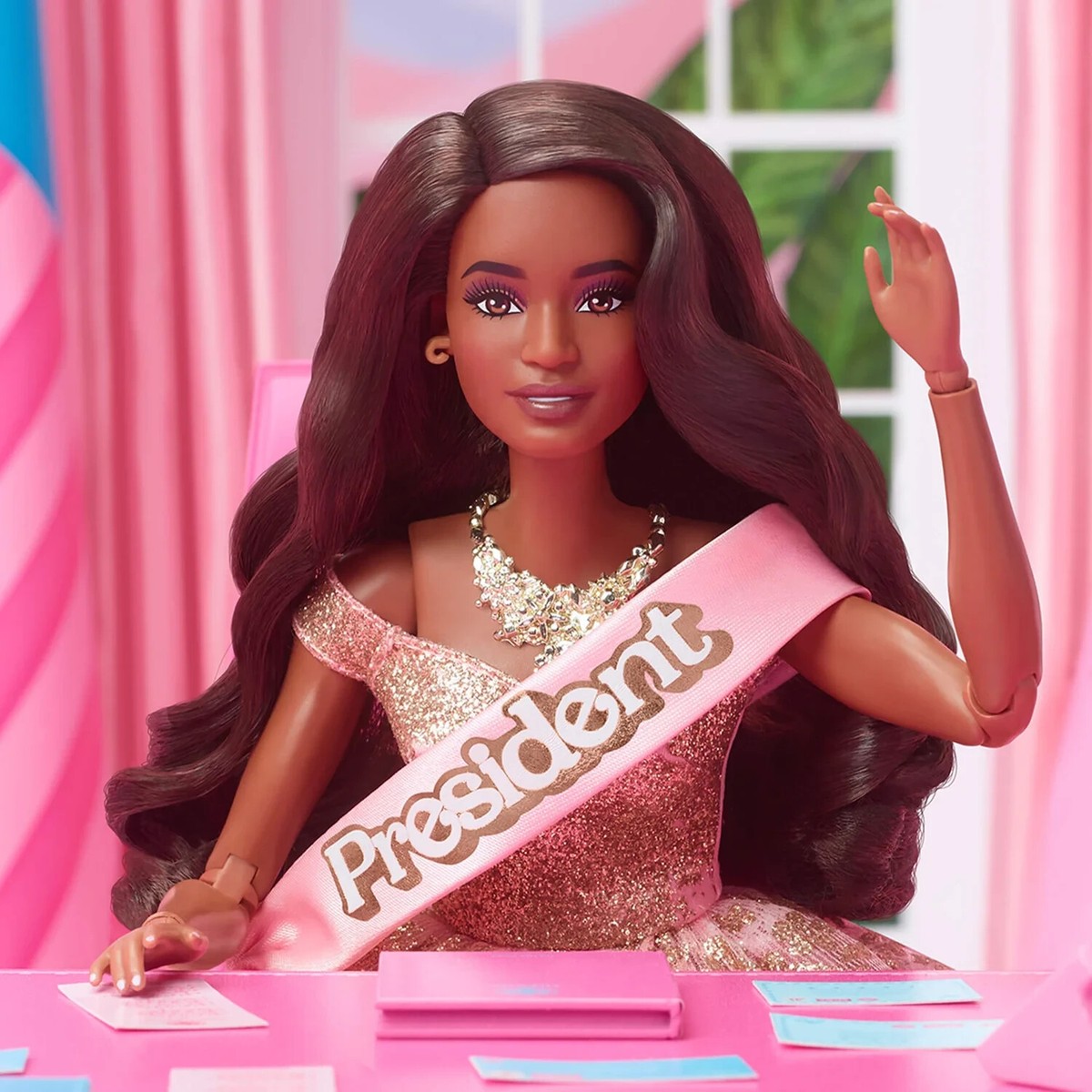 barbie pink and gold dress Barbie The Movie Doll, President Collectible Wearing Shimmery Pink & Gold Dress with Sash