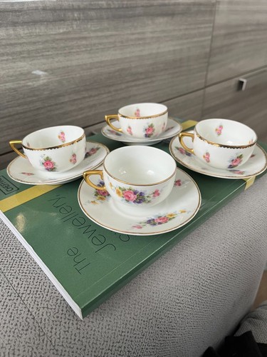 Porcelain set of 4 Mocha / Espresso Coffee Cup + Saucer Rosenthal Gold Flower