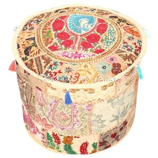 Handmade Bohemian Patchwork Beige Ottoman Pouf Cover Seating Foot Stool 22 in