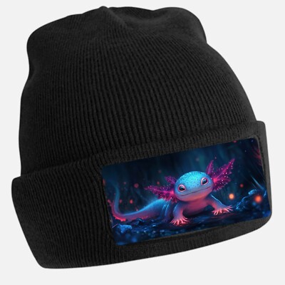 Black Beanie Hat with Cool Axolotl Motif - Unisex Cap, Cotton