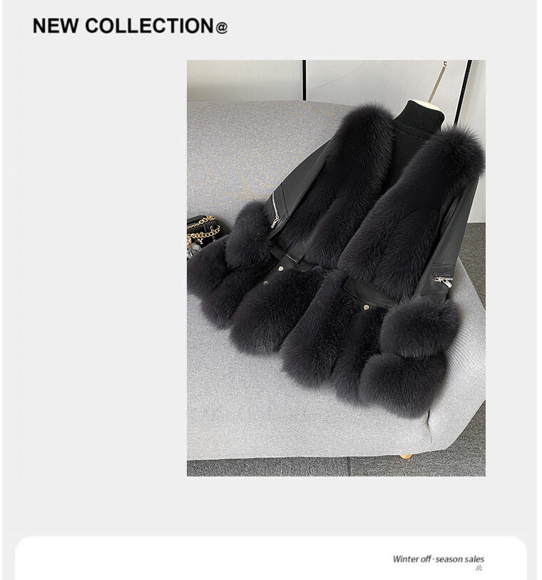 Women's winter warm real fox fur coat woolen coat