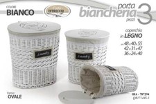 SET 3 CESTE CESTA VIMINI Portabiancheria CONTENITORE COPERCHIO LEGNO 55-47-40cm