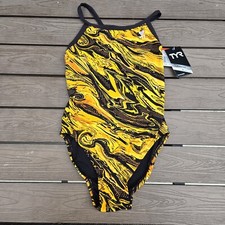 TYR DuraFast Elite Oil Slick Diamondfit 1 Pc Swim Yellow Youth Girl Sz 22 New