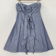 J Crew Dress Womens 2 Blue Ruffle Pleated Strapless A Line Cotton Casual Classic