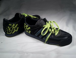 neon green and black shoes