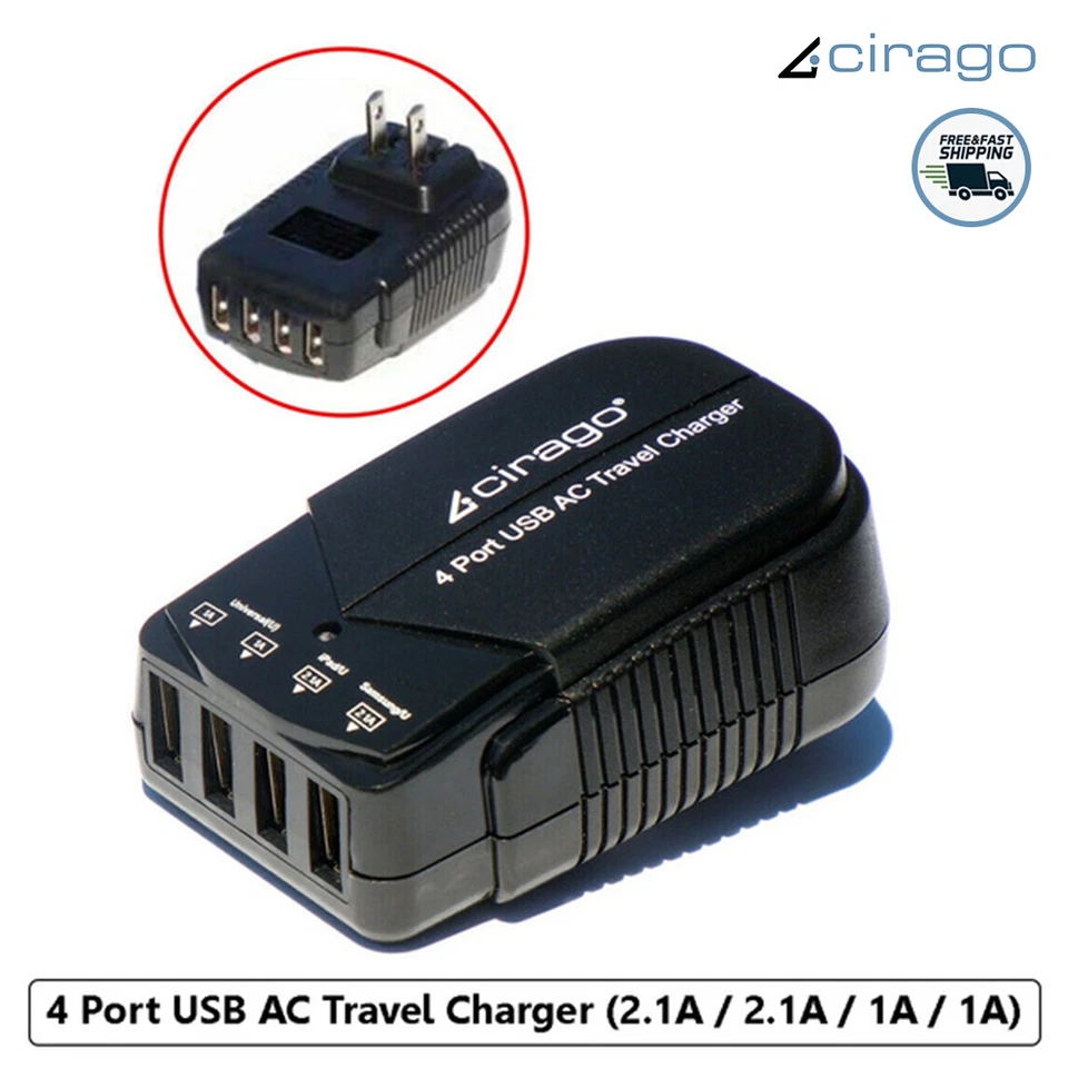 Cirago 4 USB 端口(2.1A / 2.1A / 1A / 1A)便携式壁式充电器家用和旅行 — 第 2/4 张图片