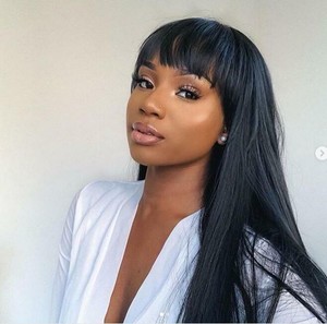 Silky Straight Indian Remy Human Hair Front Lace Wig With Bang