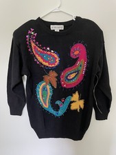 New Victoria Harbour Women Black Pink Beaded Sweater Party 80s Vintage Medium