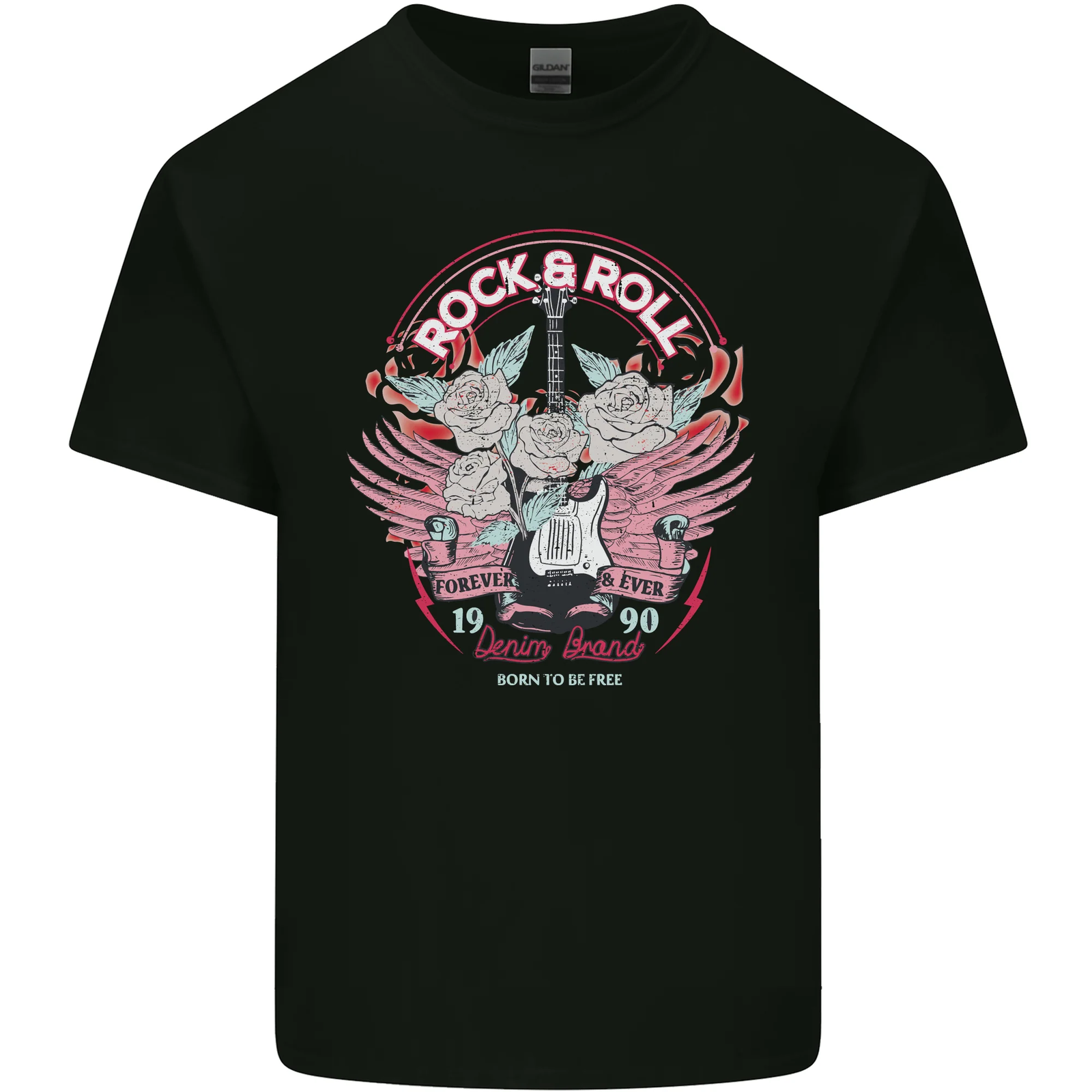 Rock n Roll Born to Be Free Guitar Wings Mens Cotton T-Shirt Tee Top