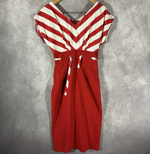 Bettie Page Dress Womens Small S Red / White Stripes 50s Retro Las Vegas Midi