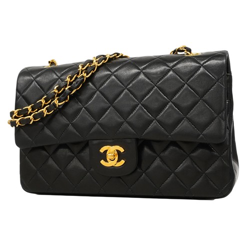 Auth [6fa1542-h] CHANEL Shoulder Bag Matrasse W flap WChain Lambskin Black G...