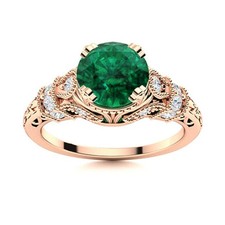 5MM Round Emerald 925 Sterling Silver Rose Plated Solitare With Accents Ring