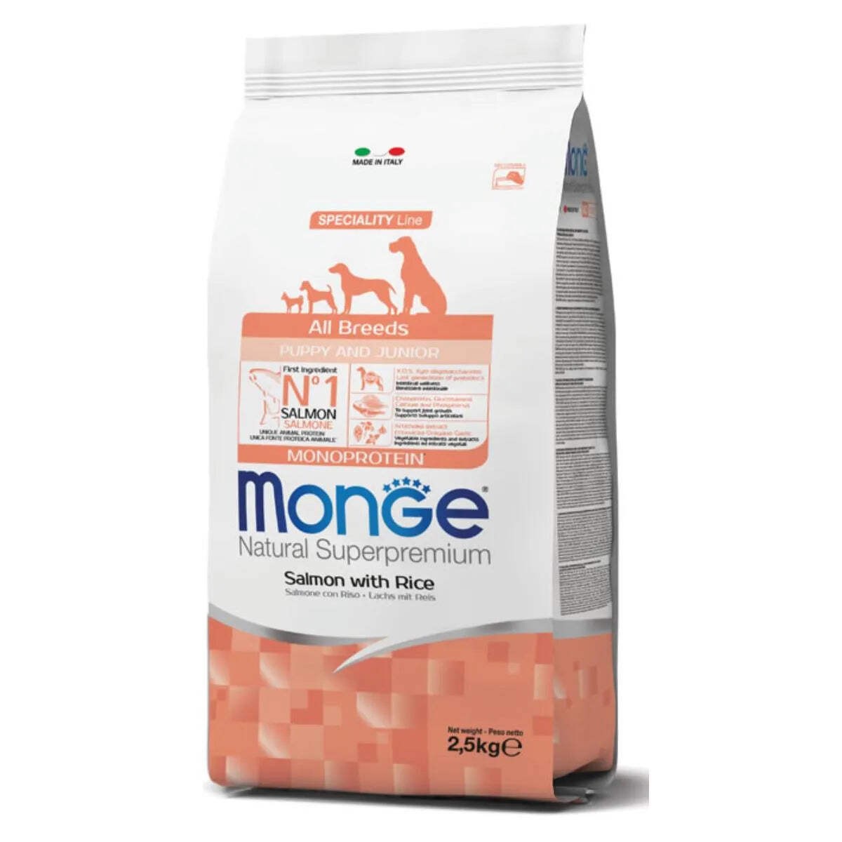 MONGE NATURAL SUPERPREMIUM ALL BREED PUPPY SALMONE CON RISO 2,5 KG.